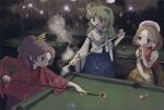  3girls bare_shoulders billiards blonde_hair blouse blue_skirt brown_eyes cue_stick detached_sleeves frog_hair_ornament green_eyes green_hair hair_ornament hair_ribbon highres japanese_clothes kimono kiseru kochiya_sanae komakusa_sannyo light_brown_hair long_hair long_sleeves multicolored_hair multiple_girls nontraditional_miko orb pipe ponytail pool_table puffy_short_sleeves puffy_sleeves purple_hair purple_skirt red_blouse red_eyes red_kimono ribbon shirt short_hair short_sleeves skirt smoking snake_hair_ornament tamatsukuri_misumaru touhou two-tone_hair white_shirt wide_sleeves yamame_jinja yellow_ribbon yellow_skirt yin_yang yin_yang_orb 