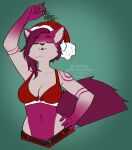  2021 anthro breasts canid canine clothed clothing digital_media_(artwork) female green_background hair hi_res kittydee mammal midriff navel purple_hair simple_background smile 