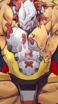  anthro armor bandai_namco bodily_fluids broken_armor cum cum_on_chest cum_on_face digimon digimon_(species) genital_fluids hair headgear helmet hi_res male muscular muscular_anthro muscular_male nipples orange11803164 pecs red_hair scalie wargreymon 