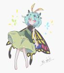  1girl antennae aqua_hair bare_legs barefoot blush butterfly_wings cosmicmind dated dress eternity_larva eyebrows_visible_through_hair fairy full_body green_dress grey_background hair_between_eyes leaf leaf_on_head looking_at_viewer multicolored_clothes multicolored_dress orange_eyes parted_lips short_hair signature simple_background single_strap solo touhou wings 