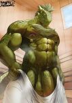  2021 abs absurd_res anthro argonian balls barazoku bethesda_softworks big_muscles big_penis bodily_fluids body_hair chest_hair flaccid genitals hair hi_res holding_object holding_towel horn inside lock low-angle_view male muscular muscular_anthro muscular_male naughtyxerigart navel nipple_piercing nipple_ring nipples non-mammal_balls non-mammal_nipples obliques pecs penis piercing pubes sauna scalie signature smile solo standing steam sweat the_elder_scrolls towel video_games 