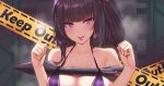  1girl architect_(girls&#039;_frontline) arms_up bangs bare_shoulders bikini bikini_top black_hair blush breasts caution_tape cleavage closed_mouth collarbone eyebrows_visible_through_hair girls&#039;_frontline jewelry keep_out long_hair looking_at_viewer medium_breasts popoman purple_bikini purple_eyes ring rocket sangvis_ferri smile solo sweatdrop swimsuit tongue tongue_out upper_body 
