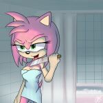  amy_rose anthro bathroom blood bodily_fluids breasts cleavage clothed clothing eulipotyphlan female fur green_eyes hedgehog hi_res knife mammal maulnarch_blooderfly open_mouth pink_body pink_fur sega self_harm solo sonic_the_hedgehog_(series) tongue tongue_out towel towel_wrap 