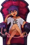  1girl :d arm_support armchair barefoot black_hair chair crossed_legs dark-skinned_female dark_skin fangs feet full_body gem hair_flaps jahy jahy-sama_wa_kujikenai! jewelry konbu_wakame long_hair naked_shirt necklace off_shoulder open_mouth oversized_clothes red_eyes revision shirt short_sleeves simple_background sitting smile soles solo toes v-shaped_eyebrows very_long_hair white_background white_shirt 