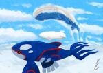  absurdres aircraft black_sclera closed_mouth cloud colored_sclera commentary_request day dirigible flying_whale from_side highres kyogre nankyoku_(antarctic_poke) no_humans outdoors pokemon pokemon_(creature) wailord whale yellow_eyes 