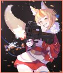  1girl animal_ear_fluff animal_ears bangs blonde_hair blunt_bangs border brown_hair buket_pudding_i bullpup commission cowboy_shot fang fingerless_gloves fire_emblem fire_emblem_fates firing fox_ears fox_girl fox_tail fur_collar gloves gun hair_ornament highres holding holding_gun holding_weapon japanese_clothes kimono multicolored_hair obi p90 red_kimono sash selkie_(fire_emblem) short_hair skeb_commission smile solo streaked_hair submachine_gun tail thighhighs two-tone_hair weapon white_gloves white_legwear wide_sleeves yellow_eyes 