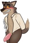  anthro balls blush bottomless canid canine canis clothed clothing dreamworks flustered genitals haizhe8 humanoid_genitalia humanoid_penis male mammal mr._wolf_(the_bad_guys) mr.wolf open_clothing open_shirt open_topwear partially_clothed penis raised_tail shirt simple_background smile solo teeth the_bad_guys topwear white_background wolf yellow_sclera 