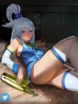  1girl aqua_(konosuba) artist_name atric18 bare_shoulders blue_dress blue_eyes blue_hair blush bottle bow bowtie breasts commentary detached_sleeves dress drunk english_commentary green_bow green_bowtie hair_between_eyes hair_ornament hair_rings hay highres indoors knee_up kono_subarashii_sekai_ni_shukufuku_wo! long_hair looking_at_viewer lying medium_breasts on_back parted_lips pleated_dress solo thighhighs thighs twitter_logo twitter_username web_address white_legwear 