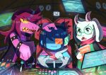  1boy 1girl 1other absurdres armlet blue_skin book bracelet cockpit colored_skin controller deltarune fangs game_controller glasses highres jewelry kris_(deltarune) licking_lips purple_skin ralsei reading scarf scouter sharp_teeth spiked_armlet spiked_bracelet spikes susie_(deltarune) teeth tongue tongue_out watawata22 yellow_eyes 