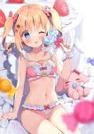  1girl ;p ahoge arm_support bangs bare_arms bare_shoulders blonde_hair blush bow bow_bra bow_panties bra breasts cake candy closed_mouth collarbone commentary_request eyebrows_visible_through_hair food frilled_bra frilled_panties frills fruit hair_between_eyes hair_bow heart_lollipop holding holding_candy holding_food holding_lollipop lollipop long_hair minigirl navel one_eye_closed original pan_(mimi) panties pink_bow pink_bra pink_panties polka_dot polka_dot_bow ringlets single_wrist_cuff sitting small_breasts smile solo strawberry stuffed_animal stuffed_bunny stuffed_toy swirl_lollipop tongue tongue_out twintails underwear underwear_only wrist_cuffs 