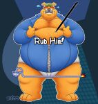  2021 abstract_background anthro barefoot belly big_belly blue_background bodily_fluids canid canine canis clothing domestic_dog dribble_(warioware) english_text eyebrows feet front_view gameplay_mechanics hat headgear headwear hi_res jacket male mammal moobes nintendo nintendo_ds_family nipples obese obese_anthro obese_male overweight overweight_anthro overweight_male rubbing signature simple_background smile solo standing stompsthecroc stylus sweat sweatdrop teeth text thick_thighs topwear underwear unzipped video_games warioware 