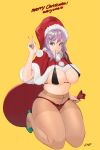  1girl bangs bare_shoulders blue_eyes bobobong breasts christmas commentary fingernails highres large_breasts looking_at_viewer nail_polish pantyhose purple_hair santa_costume shiny shiny_hair shiny_skin simple_background smile underwear 
