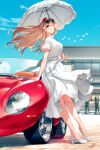  1girl bangs blew_andwhite blonde_hair blue_eyes blue_sky blush braid bridge building car casual commentary_request crown day dress eyewear_on_head flower ground_vehicle high_heels highres holding holding_umbrella jaguar_(car) kantai_collection long_hair looking_at_viewer motor_vehicle one_eye_closed outdoors red_flower red_rose rose short_sleeves sky smile solo standing sunglasses sunlight umbrella warspite_(kancolle) water white_dress 