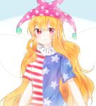  1girl american_flag_shirt bangs blonde_hair blue_background blue_shirt blush closed_mouth clownpiece eyebrows_visible_through_hair eyes_visible_through_hair fairy_wings hair_between_eyes hat jester_cap long_hair looking_to_the_side multicolored_clothes multicolored_shirt neck_ruff pink_eyes pink_headwear polka_dot red_shirt shirt short_sleeves smile solo soooooook2 star_(symbol) star_print striped striped_shirt touhou wavy_hair white_background white_shirt wings 