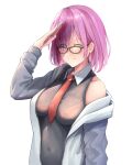  1girl absurdres bangs black_shirt blush breasts closed_mouth cozie178 eyebrows_visible_through_hair fate/grand_order fate_(series) glasses hair_between_eyes highres looking_at_viewer mash_kyrielight medium_breasts medium_hair necktie one_eye_closed open_clothes open_robe purple_eyes purple_hair red_necktie robe salute shirt smile solo upper_body white_background white_robe 