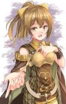  1girl armor bracelet breastplate brown_cape brown_eyes brown_hair brown_skirt cape delthea_(fire_emblem) fang fingernails fire_emblem fire_emblem_echoes:_shadows_of_valentia fuussu_(21-kazin) hand_on_own_chest jewelry long_fingernails looking_at_viewer outstretched_hand ponytail skirt 