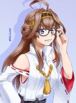  1girl ahoge akito_(sub707) bespectacled black-framed_eyewear blue_eyes breasts brown_hair detached_sleeves double_bun glasses hairband highres japanese_clothes kantai_collection kongou_(kancolle) long_hair medium_breasts nontraditional_miko remodel_(kantai_collection) ribbon-trimmed_sleeves ribbon_trim solo 