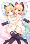  2girls :d absurdres animal_ear_headphones animal_ears ass bangs bare_arms bare_shoulders bed_sheet black_legwear blonde_hair blue_archive blue_bow blush bow bra breasts closed_mouth commentary_request eyebrows_visible_through_hair fake_animal_ears green_eyes hair_between_eyes hair_bow highres long_hair looking_at_viewer lying midori_(blue_archive) momoi_(blue_archive) multiple_girls navel nintendo_switch no_shoes on_back on_side panties pillow red_bow red_eyes sakuraba_hikaru_(loveindog) siblings sisters small_breasts smile soles thighhighs twins underwear wavy_mouth white_bra white_panties 