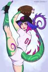  animal_humanoid ball baseball_(ball) baseball_cap baseball_glove baseball_uniform bottomwear breasts chameleon_humanoid clothing cocky curling_tail dimedrolly feet female fluffy fluffy_hair foot_wraps freckles hair hat headgear headwear humanoid league_of_legends lizard_humanoid long_tail looking_at_viewer motion_lines multicolored_body multicolored_hair neeko_(lol) pink_hair pose purple_hair reptile reptile_humanoid riot_games scalie scalie_humanoid shirt shorts simple_background small_breasts smile solo sportswear spread_legs spreading t-shirt tail tail_spines tencent tongue tongue_out topwear uniform white_background white_clothing wraps yellow_eyes 