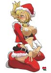  ankama blush christmas christmas_clothing christmas_headwear cinnamon6 cleophee clothed clothing costume cra elf female hat headgear headwear holidays humanoid humanoid_pointy_ears looking_at_viewer not_furry pasties piercing pinup pose santa_costume santa_hat simple_background smile solo thigh_thighs topless video_games wakfu white_background 