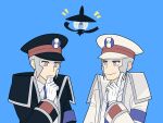  2boys black_coat black_headwear blue_background closed_mouth coat collared_shirt commentary_request emmet_(pokemon) frown gloves grey_eyes grey_hair hand_up hat high_collar index_finger_raised ingo_(pokemon) jaho lampent long_sleeves male_focus multiple_boys necktie pokemon pokemon_(creature) pokemon_(game) pokemon_bw shirt short_hair sideburns simple_background smile white_coat white_gloves white_headwear white_shirt 