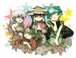  4girls ajirogasa antennae aqua_hair black_hair blush braid buttons capelet cloud_print collared_shirt dress eternity_larva eyebrows_visible_through_hair flower green_dress green_eyes green_hair grey_dress hair_between_eyes hat highres horns kariyushi_shirt komano_aunn leaf leaf_on_head long_earlobes long_hair long_sleeves multicolored_clothes multicolored_dress multiple_girls open_mouth orange_dress red_capelet red_dress red_eyes red_ribbon red_shirt ribbon sakata_nemuno shaded_face shirt short_hair short_sleeves single_horn single_strap smile star_(symbol) touhou twin_braids wavy_hair white_background white_flower white_hair yamame_jinja yatadera_narumi yellow_dress yellow_eyes 