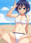  1girl beach bikini blue_eyes blue_hair blush cameltoe guchiaki mejiro_nao navel open_mouth pastel_memories short_hair smile solo swimsuit swimwear white_bikini 