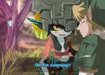  anal blonde_hair blush cum dialogue eyes_closed fairy fang game gloves grass hat helmet imp_midna link midna monster_girl open_mouth pointy_ears pussy red_eyes sex the_legend_of_zelda tree tunic uncensored 