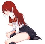 armband breasts breasts_outside ghost-q hair_over_one_eye kirijou_mitsuru long_hair medium_breasts nipples open_clothes open_shirt persona persona_3 red_eyes red_hair school_uniform shirt solo 