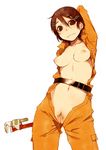  belt breasts brown_eyes brown_hair jumpsuit medium_breasts nipples open_clothes open_shirt orange_shirt original pubic_hair pussy shimimaru shirt solo tools wrench 