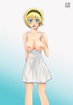  1girl aegis aegis_(persona) atlus blonde_hair blue_eyes blush breasts cum cum_on_body cum_on_breasts cum_on_upper_body dress dress_pull facial hairband open_mouth persona persona_3 short_hair so-seiji topless 