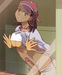  against_glass bandana black_hair blue_eyes breast_press breasts breasts_on_glass dark_skin earrings erection eureka_seven eureka_seven_(series) futanari gidget haruyama_kazunori hoop_earrings jewelry large_breasts lipstick makeup no_bra panties pants_pull penis shirt_lift short_hair solo testicles third-party_edit thong uncensored underboob underwear visor_cap 