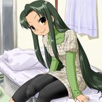  breasts bulge futanari green_hair huge_penis long_hair orange_eyes pantyhose penis small_breasts suzumiya_haruhi_no_yuuutsu tights tsuruya 