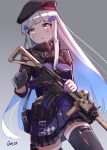  1girl absurdres artist_name assault_rifle bag bangs beret black_legwear blunt_bangs cowboy_shot facial_mark gar32 german_flag girls&#039;_frontline green_eyes gun h&amp;k_hk416 hat highres hk416_(girls&#039;_frontline) holding holding_gun holding_weapon long_hair looking_at_viewer military_jacket parted_lips plaid plaid_skirt rifle silver_hair skirt solo standing teardrop teardrop_facial_mark thighhighs weapon 