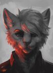  anthro bust_portrait cheek_tuft clothing facial_tuft felid feline grey_background greyscale hair hi_res inner_ear_fluff jaykat light lighting looking_at_viewer male mammal monochrome portrait shadow shirt short_hair signature simple_background solo topwear tuft whiskers 