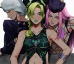  1girl 2boys abs green_lips highres jojo_no_kimyou_na_bouken kujo_jolyne long_hair looking_at_viewer multiple_boys narciso_anasui navel pink_eyes pink_hair profile sideways_glance simple_background sriokorr stone_ocean tattoo weather_report white_background 