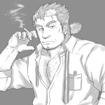  1boy absurdres bara beard chest_hair cigarette collared_shirt facial_hair formal greyscale highres large_pectorals long_sideburns looking_at_viewer male_focus mature_male monochrome mononobe_kyoma multicolored_hair muscular muscular_male old old_man partially_unbuttoned pectorals shirt short_hair sideburns smoking solo streaked_hair stubble tatatan_(ts_kon2) thick_eyebrows tied_hair tokyo_afterschool_summoners undone_necktie 