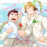  2boys :d ^_^ absurdres animal_ears bad_hands bara bouquet brown_hair closed_eyes couple cow_boy cow_ears cow_horns cowboy_shot facial_hair fiery_horns forked_eyebrows formal glowing_horns goatee grey_vest gunzo_(housamo) highres holding holding_bouquet horns husband_and_husband long_sideburns male_focus multiple_boys necktie pants scar scar_on_cheek scar_on_face short_hair sideburns sky smile spiked_hair stubble suit tatatan_(ts_kon2) thick_eyebrows tokyo_afterschool_summoners translation_request vest wakan_tanka wedding white_necktie white_pants white_suit wind yaoi 