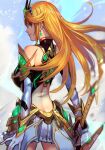  1girl aegis_sword_(xenoblade) ass back bangs bare_shoulders blonde_hair breasts dress earrings elbow_gloves gloves hungry_clicker jewelry large_breasts long_hair looking_at_viewer looking_back mythra_(xenoblade) short_dress smile solo swept_bangs tiara white_dress white_gloves xenoblade_chronicles_(series) xenoblade_chronicles_2 yellow_eyes 