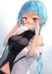  1girl bare_shoulders black_necktie black_neckwear blue_hair blush breasts closed_mouth commentary_request glasses highres kuroshiro_kanae long_hair looking_at_viewer medium_breasts navel necktie original pointy_ears red-framed_eyewear red_eyes semi-rimless_eyewear smile solo tattoo under-rim_eyewear 