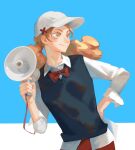  1girl absurdres baseball_cap black_vest bn3ppo bow bowtie brown_hair buttons closed_mouth collared_shirt commentary hand_on_hip hat highres holding holding_megaphone leaning_to_the_side long_hair looking_away megaphone multicolored_eyes school_uniform shirt sleeves_folded_up smile solo twintails vest white_shirt 