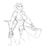  2021 abs anthro axe big_pubes biped breasts facial_scar felid feline female guoh mammal melee_weapon muscular muscular_anthro muscular_female neck_tuft nippples pubes scar simple_background sketch solo tuft weapon white_background 