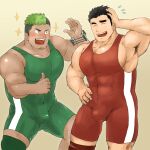  2boys absurdres alternate_costume ass_visible_through_thighs bara black_hair blush bodysuit bulge covered_abs covered_nipples dark-skinned_male dark_skin feet_out_of_frame flying_sweatdrops green_eyes green_hair hand_on_own_head highres large_pectorals long_sideburns male_focus master_3_(housamo) multicolored_hair multiple_boys muscular muscular_male pectorals red_bodysuit short_hair sideburns sidepec sparkle standing tatatan_(ts_kon2) taurus_mask thick_thighs thighs thumbs_up tokyo_afterschool_summoners two-tone_hair wrestling_outfit yaoi 