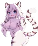  anthro biped black_body black_fur black_highlights blue_eyes blush breasts butt chest_tuft cute_fangs eyebrow_through_hair eyebrows felid female fur hair highlights_(coloring) looking_at_viewer mammal matsuura nipple_outline open_mouth pantherine pawpads simple_background solo striped_body striped_fur stripes tiger translucent translucent_hair tuft white_background white_body white_fur white_hair 