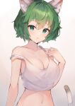  1girl :o animal_ears blush breasts cat_ears cat_tail cleavage commentary_request eyebrows_visible_through_hair gradient gradient_background green_eyes green_hair highres kuroshiro_kanae looking_at_viewer medium_breasts navel original short_hair stomach tail tank_top white_tank_top 