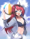  1girl alternate_costume ball bangs beachball bikini bikini_top black_bikini black_hair blue_eyes blue_shorts blue_sky blush breasts cleavage cloud commentary_request cowboy_shot demon_girl demon_horns eyebrows_visible_through_hair front-tie_bikini front-tie_top glasses grey_hoodie highres holding holding_ball holding_beachball hood hoodie horns large_breasts long_hair looking_at_viewer midriff multicolored_hair open_clothes open_fly open_hoodie open_mouth pointy_ears red_hair round_eyewear ryugasaki_rene shorts sky smile solo sugar_lyric swimsuit two-tone_hair virtual_youtuber zono_(inokura_syuzo029) 