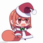  1girl :d bangs blush bow braid brown_hair capelet chibi commentary eyebrows_visible_through_hair full_body fur-trimmed_capelet fur_trim gift_bag hair_bow hat highres holding holding_sack joseph_cereceda kanojo_okarishimasu long_hair long_sleeves meme mistletoe open_mouth padoru_(meme) red_capelet red_headwear sack sakurasawa_sumi santa_costume santa_hat side_braid simple_background single_braid smile solo standing twitter_username white_background 