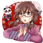  1girl alternate_costume brown_eyes brown_hair chinese_clothes double_bun floral_print glasses hair_ornament kuronon panda panda_hair_ornament plaid_sleeves purple_shirt shirt touhou usami_sumireko 