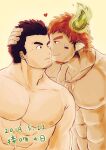  2boys abs absurdres animal_ears bara blush brown_hair couple cow_boy cow_ears cow_horns dated facial_hair feather_necklace fiery_horns forked_eyebrows glowing_horns goatee gunzo_(housamo) highres horns kiss kissing_cheek large_pectorals male_focus multiple_boys muscular muscular_male nipples nude pectorals short_hair sideburns spiked_hair stubble tatatan_(ts_kon2) thick_eyebrows tokyo_afterschool_summoners translation_request wakan_tanka yaoi 