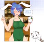  100_percent_orange_juice 1boy 1girl animal_ears apron aru_(qp_shooting) blue_hair blush closed_eyes covered_navel english_text facing_viewer green_apron hair_bun highres naked_apron open_mouth qp_shooting rabbit_ears rabbit_girl short_hair smile speech_bubble takoyan_(takoyaart) teeth upper_teeth 